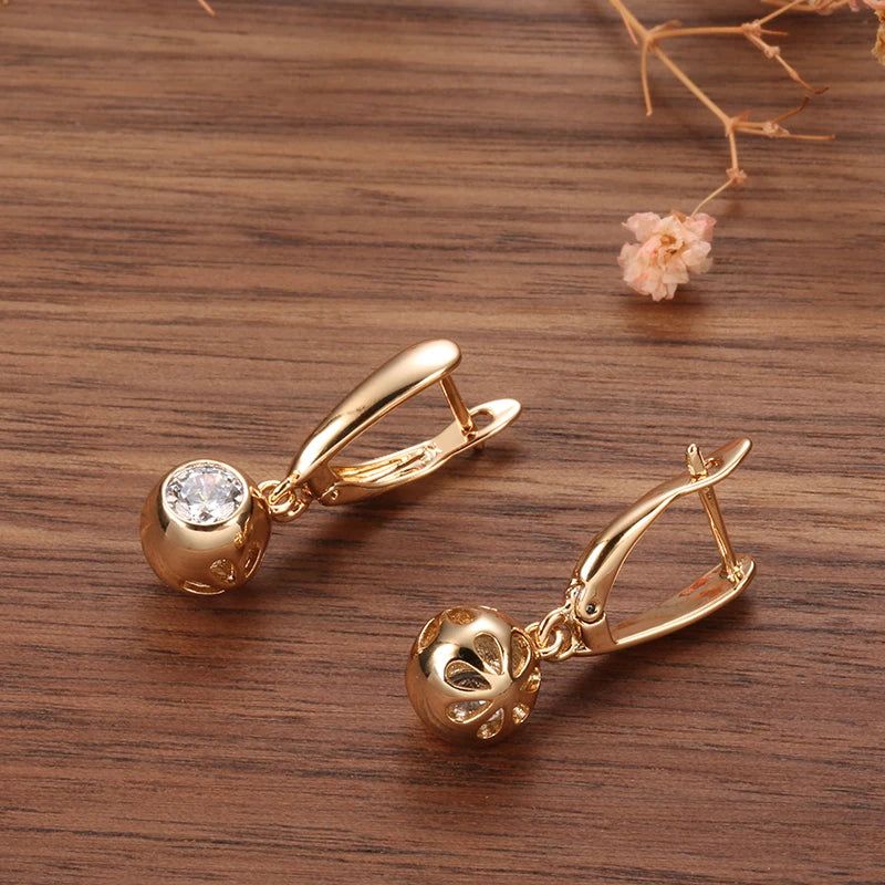 Tasteful Long Drop Earrings with Round Natural Zircon in 585 Rose Gold - Luxury Fashion Jewelry