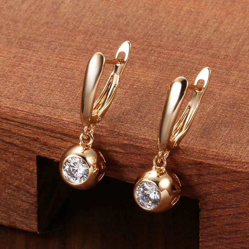 Tasteful Long Drop Earrings with Round Natural Zircon in 585 Rose Gold - Luxury Fashion Jewelry