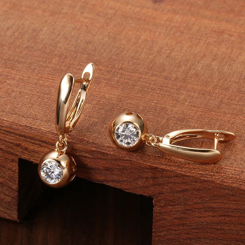 Tasteful Long Drop Earrings with Round Natural Zircon in 585 Rose Gold - Luxury Fashion Jewelry