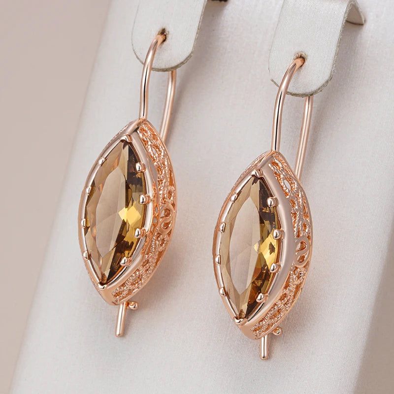 Tasteful Long Drop Rhombus Earrings with Hot Light Brown Natural Zircon in 585 Rose Gold Plating