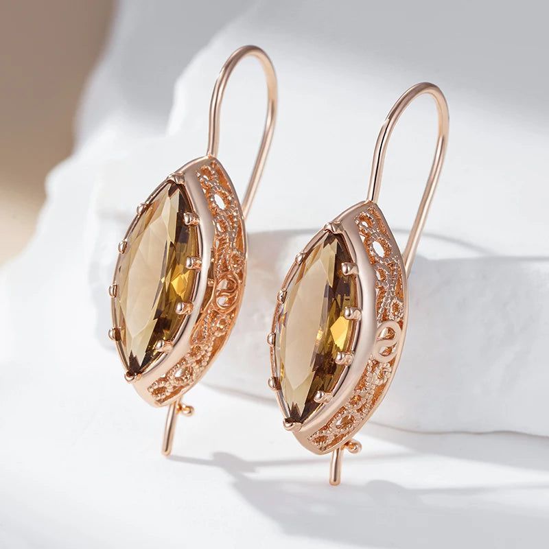 Tasteful Long Drop Rhombus Earrings with Hot Light Brown Natural Zircon in 585 Rose Gold Plating