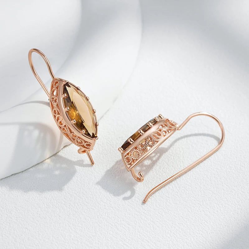 Tasteful Long Drop Rhombus Earrings with Hot Light Brown Natural Zircon in 585 Rose Gold Plating