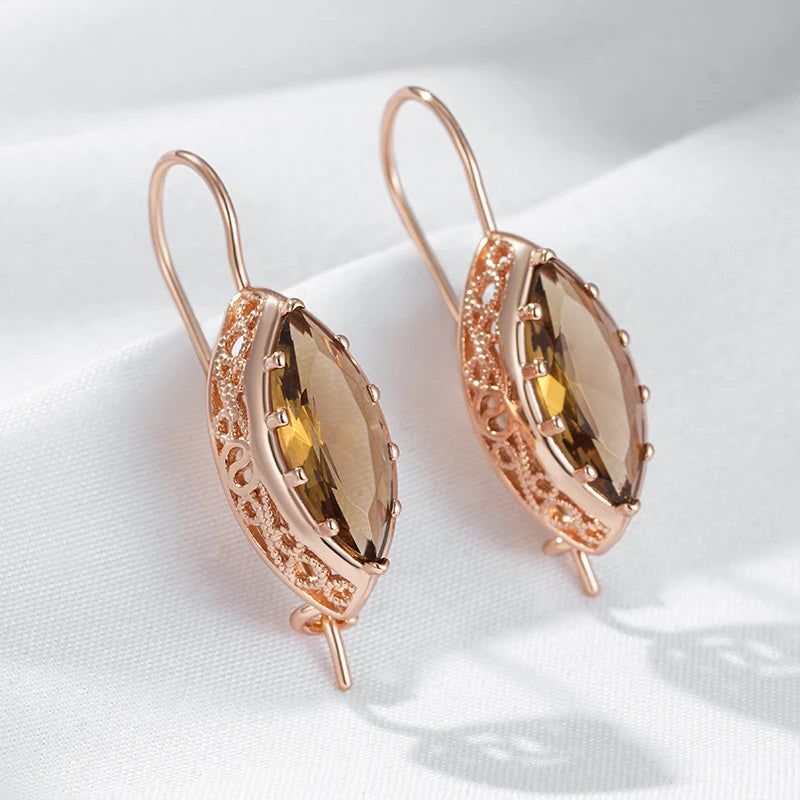 Tasteful Long Drop Rhombus Earrings with Hot Light Brown Natural Zircon in 585 Rose Gold Plating