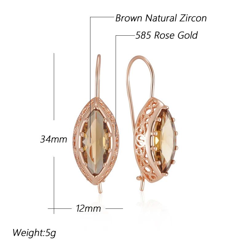 Tasteful Long Drop Rhombus Earrings with Hot Light Brown Natural Zircon in 585 Rose Gold Plating