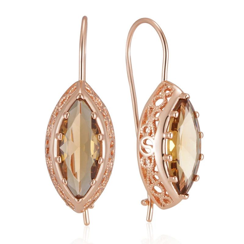 Tasteful Long Drop Rhombus Earrings with Hot Light Brown Natural Zircon in 585 Rose Gold Plating