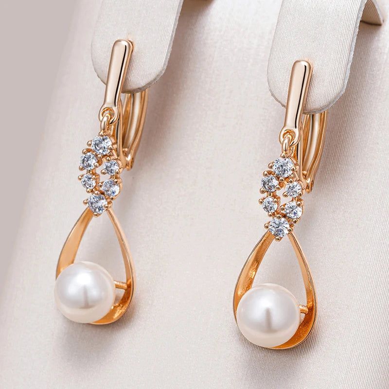 Tasteful Long Drop Rose Gold Earrings with Natural Zircon and Pearl for Bridal and Special Occasions