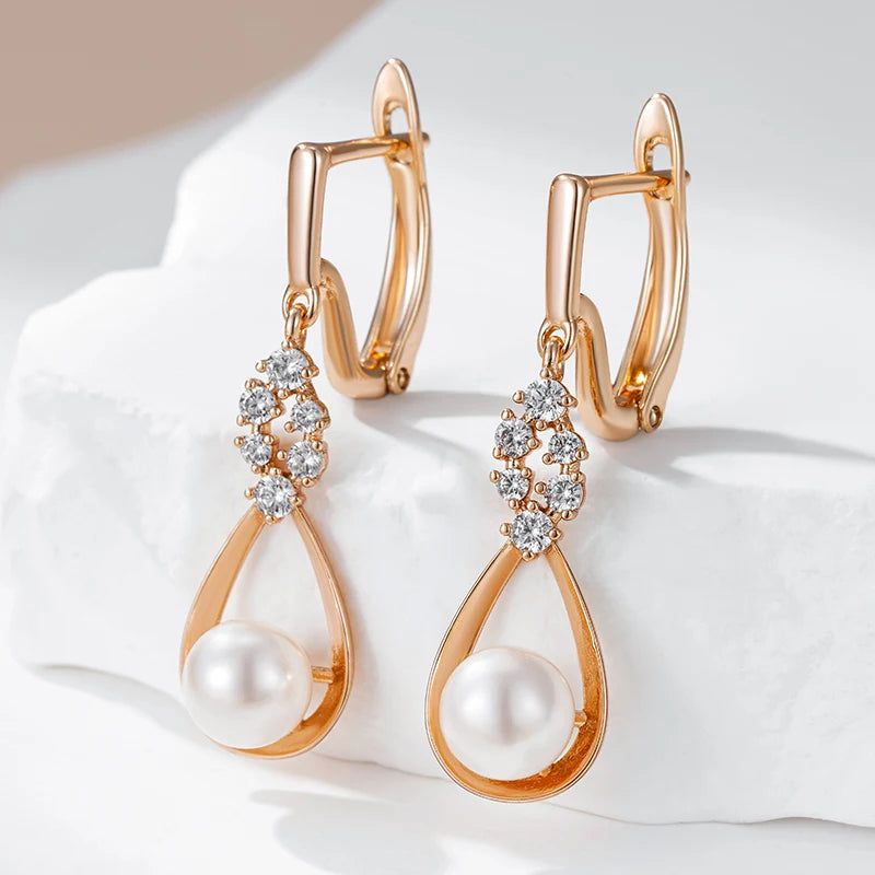 Tasteful Long Drop Rose Gold Earrings with Natural Zircon and Pearl for Bridal and Special Occasions