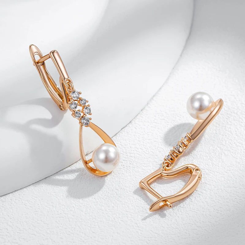 Tasteful Long Drop Rose Gold Earrings with Natural Zircon and Pearl for Bridal and Special Occasions