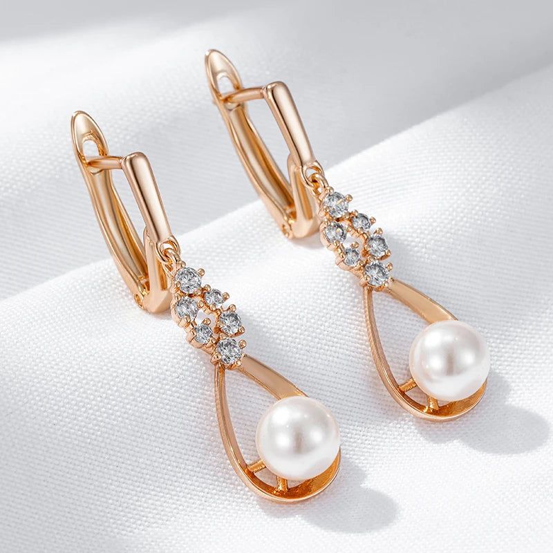 Tasteful Long Drop Rose Gold Earrings with Natural Zircon and Pearl for Bridal and Special Occasions