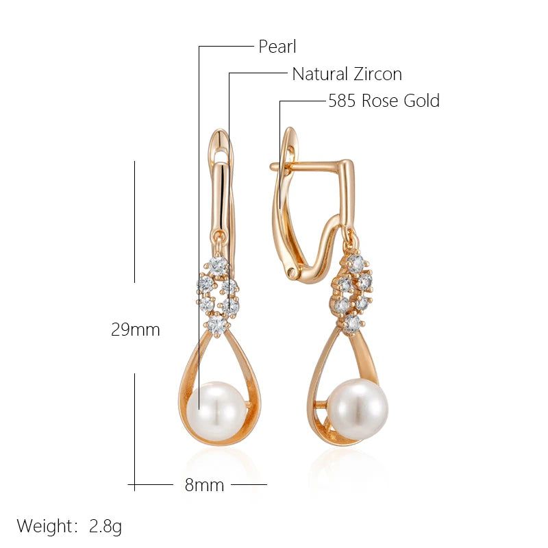 Tasteful Long Drop Rose Gold Earrings with Natural Zircon and Pearl for Bridal and Special Occasions