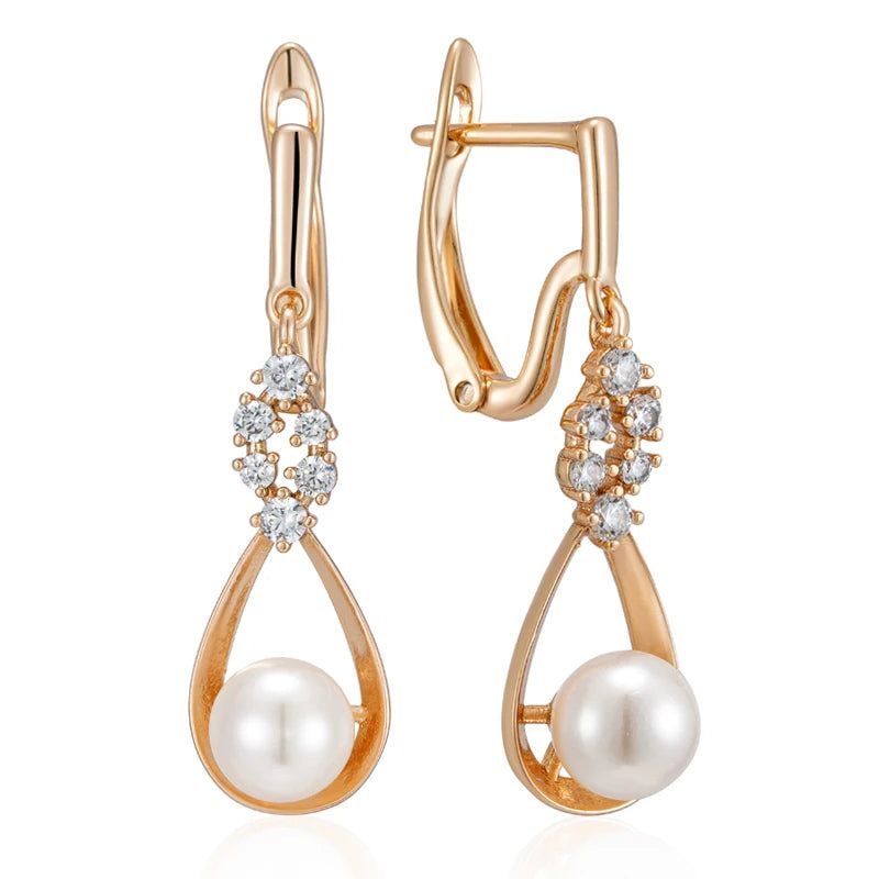 Tasteful Long Drop Rose Gold Earrings with Natural Zircon and Pearl for Bridal and Special Occasions