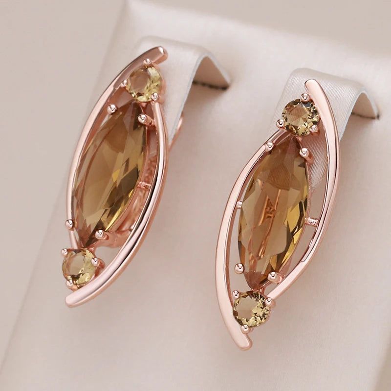 Tasteful Long Light Brown Crystal Drop Earrings in 585 Rose Gold with Natural Zircon