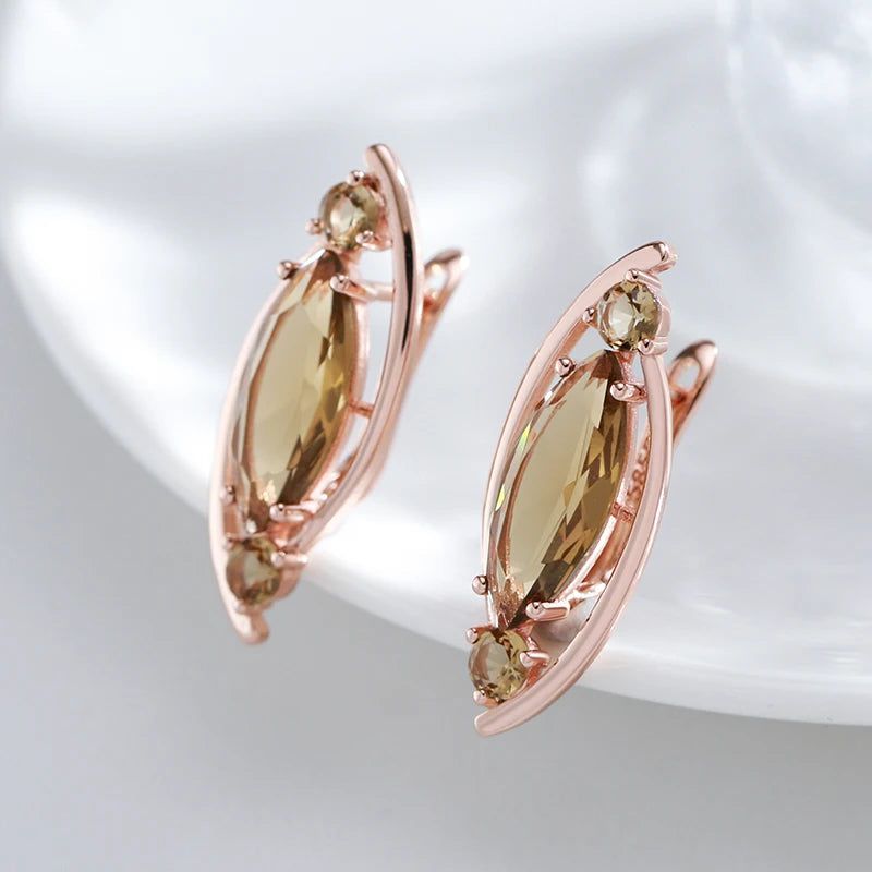 Tasteful Long Light Brown Crystal Drop Earrings in 585 Rose Gold with Natural Zircon