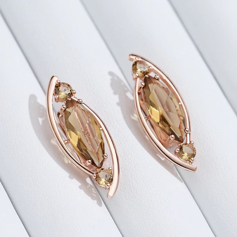 Tasteful Long Light Brown Crystal Drop Earrings in 585 Rose Gold with Natural Zircon