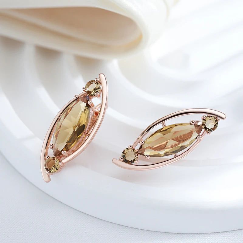 Tasteful Long Light Brown Crystal Drop Earrings in 585 Rose Gold with Natural Zircon