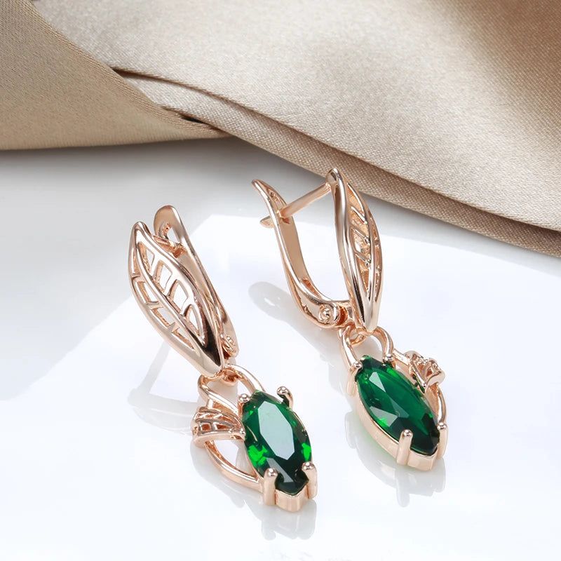 Tasteful Long Rhombus Dangle Earrings in 585 Rose Gold with Green Natural Zircon