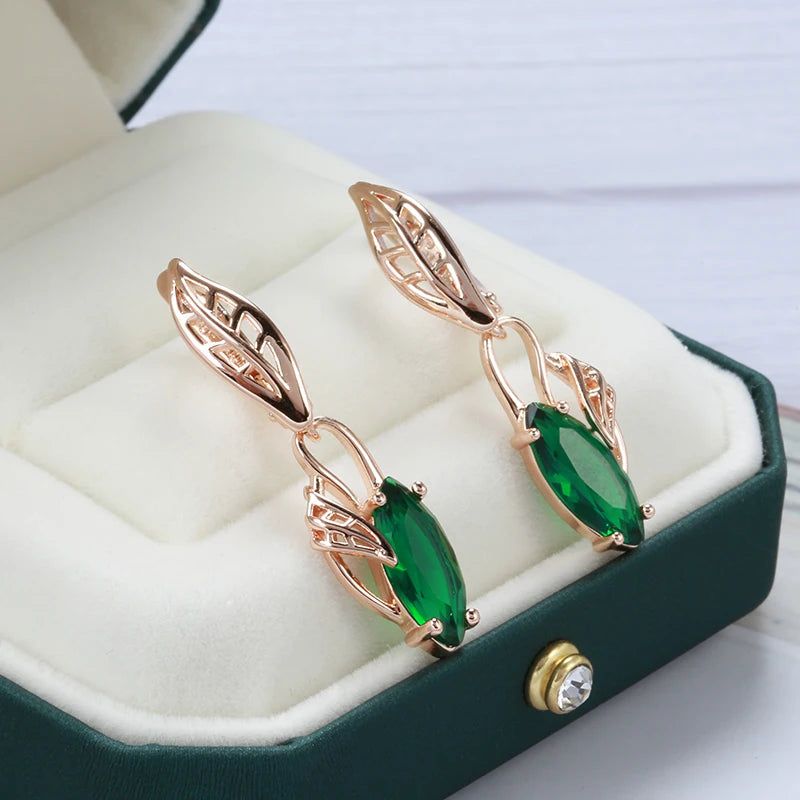 Tasteful Long Rhombus Dangle Earrings in 585 Rose Gold with Green Natural Zircon