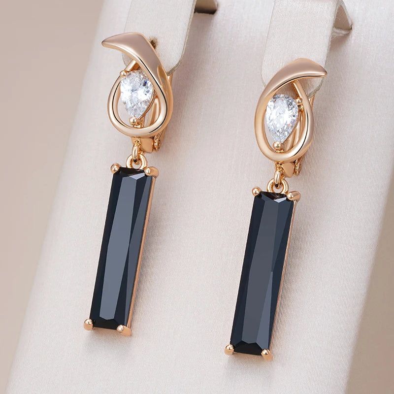 Tasteful Long Square Black Zircon Drop Earrings in 585 Rose Gold - Premium Quality Jewelry