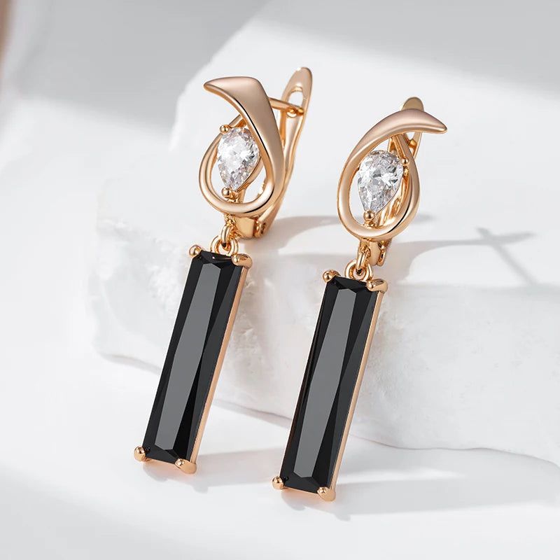 Tasteful Long Square Black Zircon Drop Earrings in 585 Rose Gold - Premium Quality Jewelry