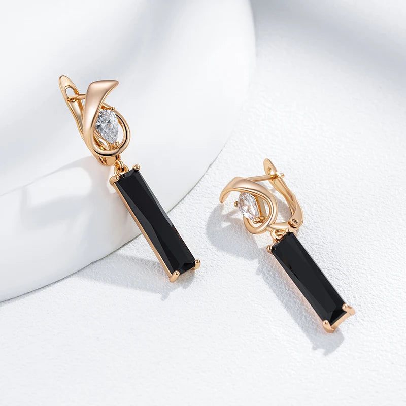 Tasteful Long Square Black Zircon Drop Earrings in 585 Rose Gold - Premium Quality Jewelry