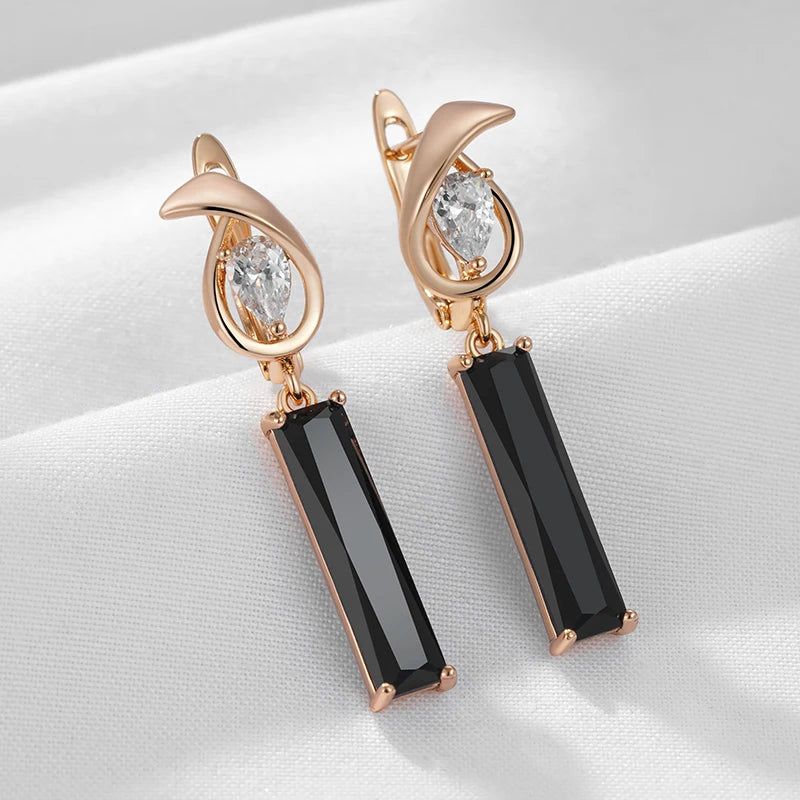 Tasteful Long Square Black Zircon Drop Earrings in 585 Rose Gold - Premium Quality Jewelry