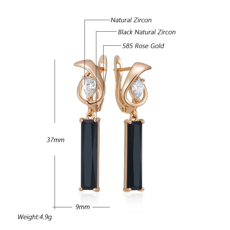 Tasteful Long Square Black Zircon Drop Earrings in 585 Rose Gold - Premium Quality Jewelry