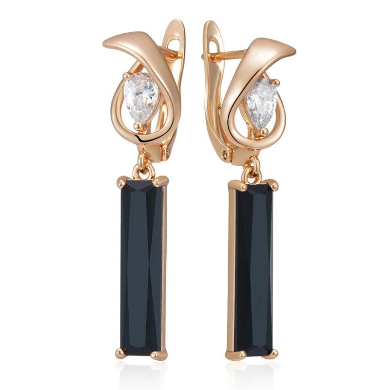 Tasteful Long Square Black Zircon Drop Earrings in 585 Rose Gold - Premium Quality Jewelry