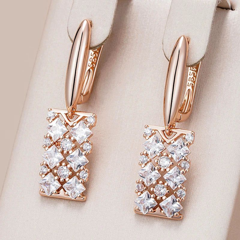 Tasteful Long Square Dangle Earrings with Natural Zircon in Luxurious Rose Gold Finish