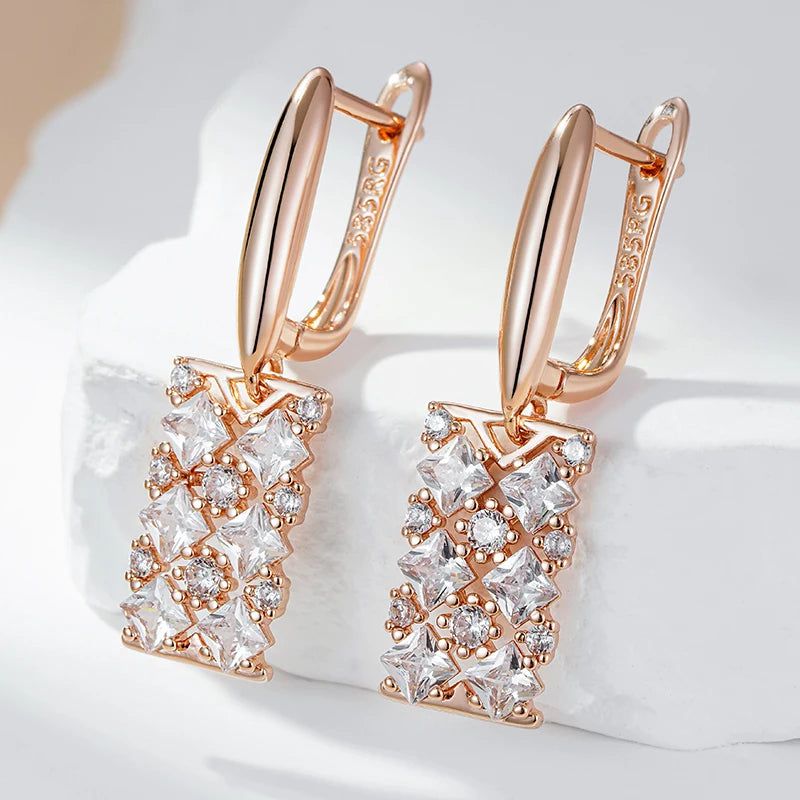 Tasteful Long Square Dangle Earrings with Natural Zircon in Luxurious Rose Gold Finish