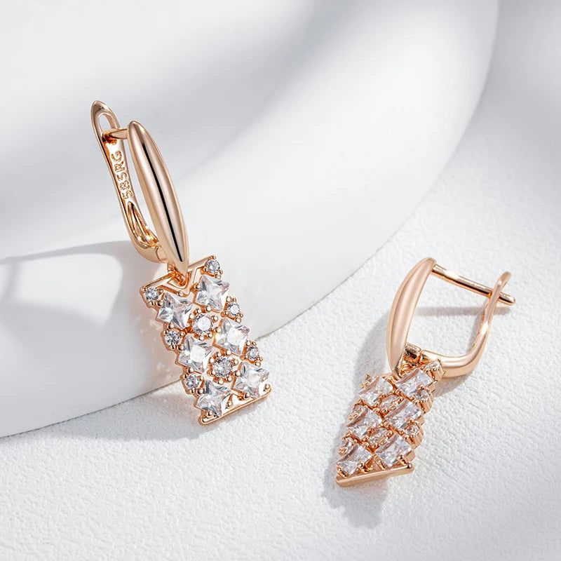 Tasteful Long Square Dangle Earrings with Natural Zircon in Luxurious Rose Gold Finish