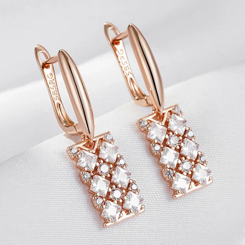 Tasteful Long Square Dangle Earrings with Natural Zircon in Luxurious Rose Gold Finish