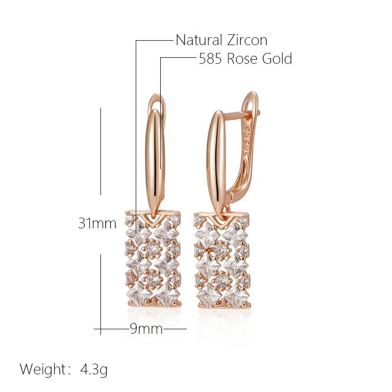 Tasteful Long Square Dangle Earrings with Natural Zircon in Luxurious Rose Gold Finish