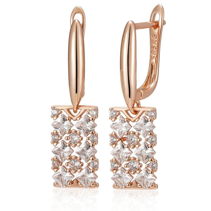 Tasteful Long Square Dangle Earrings with Natural Zircon in Luxurious Rose Gold Finish