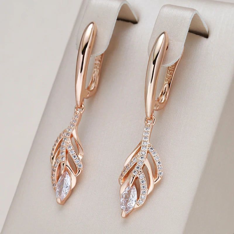 Tasteful Long Tassel Dangle Earrings with 585 Rose Gold and Natural Zircon in Leaf Design