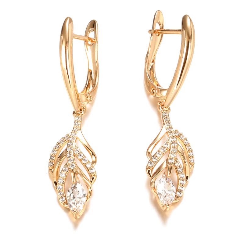 Tasteful Long Tassel Dangle Earrings with 585 Rose Gold and Natural Zircon in Leaf Design