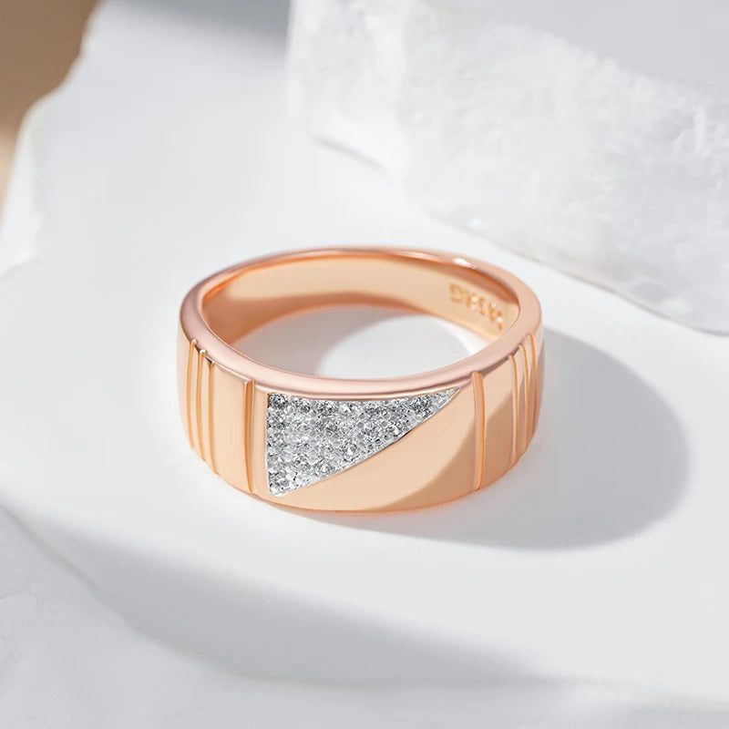 Tasteful Men's Geometric Square Ring with Natural Zircon in 585 Rose Gold and Silver Blend