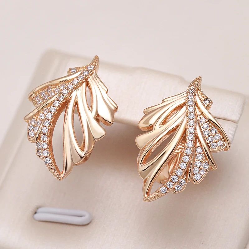 Tasteful Mosaic Zircon Big Drop Leaf Earrings in 585 Rose Gold - Luxury Bridal Jewelry