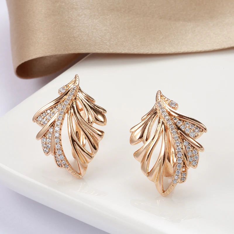 Tasteful Mosaic Zircon Big Drop Leaf Earrings in 585 Rose Gold - Luxury Bridal Jewelry