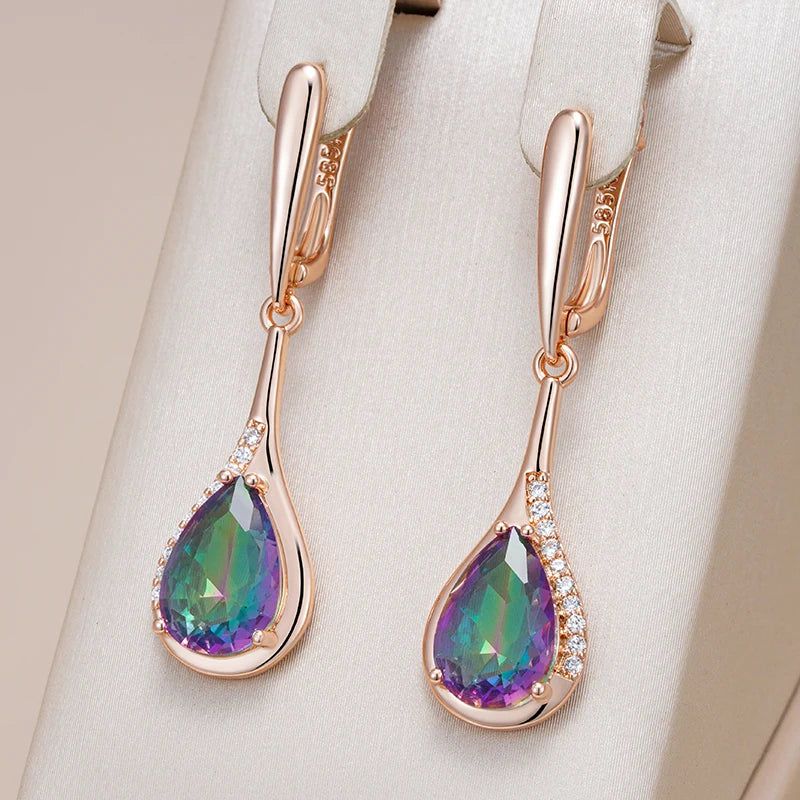 Tasteful Multicolor Zircon Water Drop Long Earrings in 585 Rose Gold