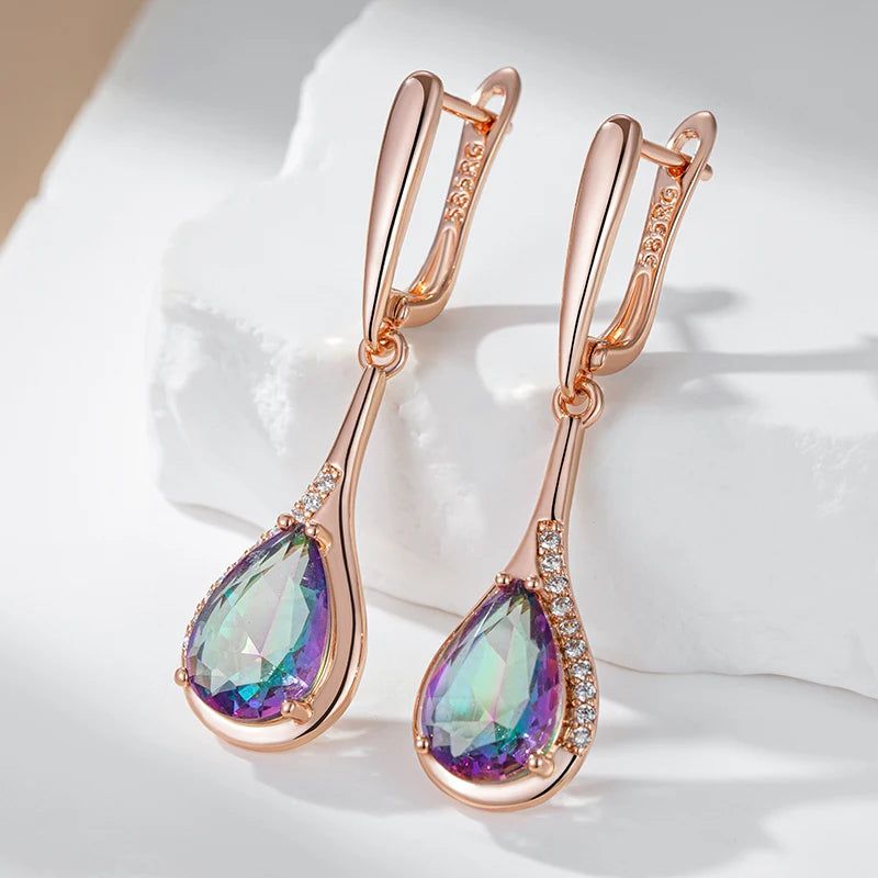 Tasteful Multicolor Zircon Water Drop Long Earrings in 585 Rose Gold