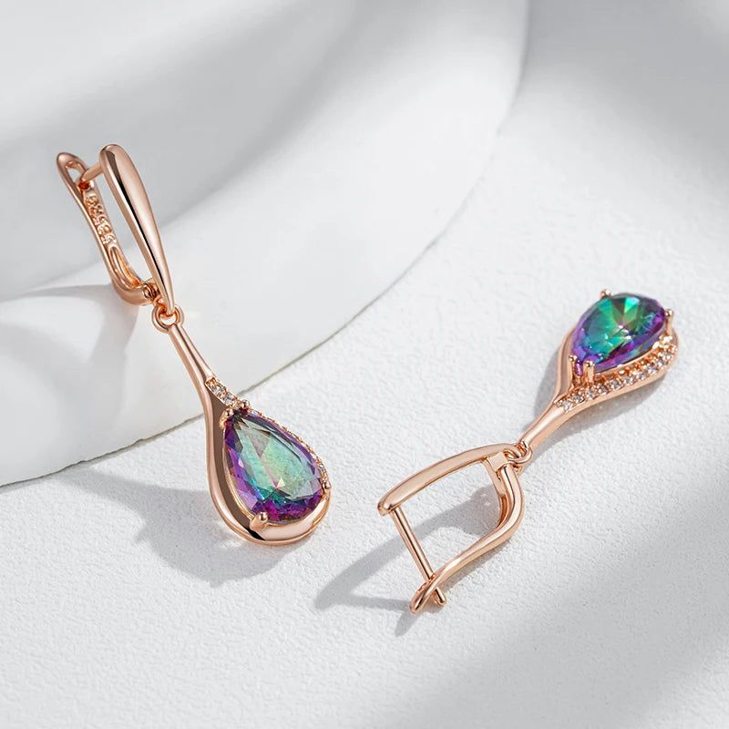 Tasteful Multicolor Zircon Water Drop Long Earrings in 585 Rose Gold