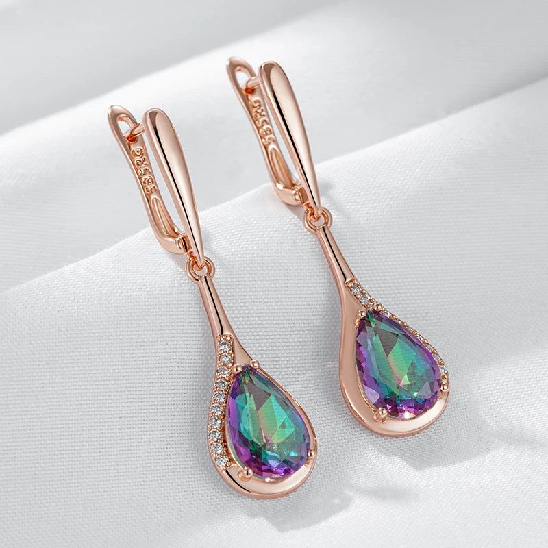 Tasteful Multicolor Zircon Water Drop Long Earrings in 585 Rose Gold