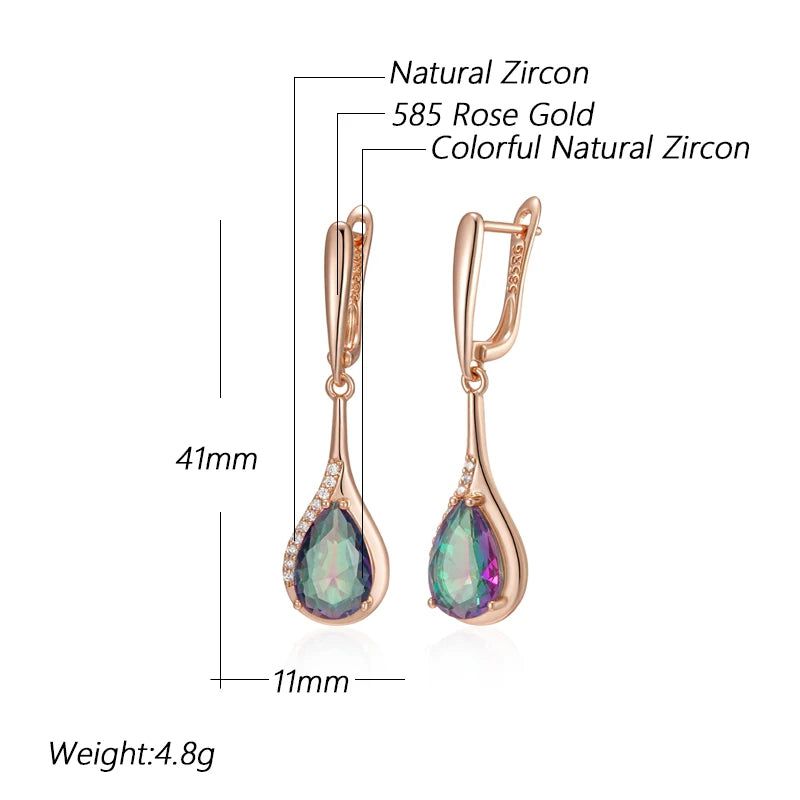 Tasteful Multicolor Zircon Water Drop Long Earrings in 585 Rose Gold