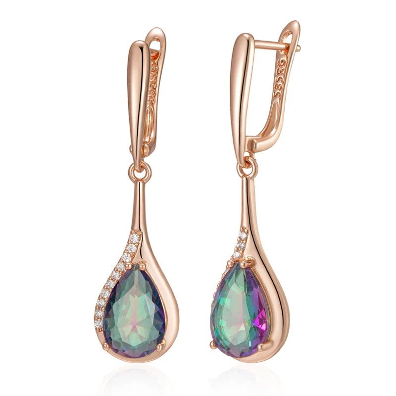 Tasteful Multicolor Zircon Water Drop Long Earrings in 585 Rose Gold