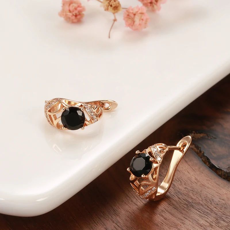 Tasteful Natural Black Zircon Drop Earrings in 585 Rose Gold Luxury Design