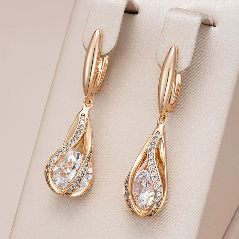 Tasteful Natural Zircon Long Dangle Earrings in 585 Rose Gold Luxury Design