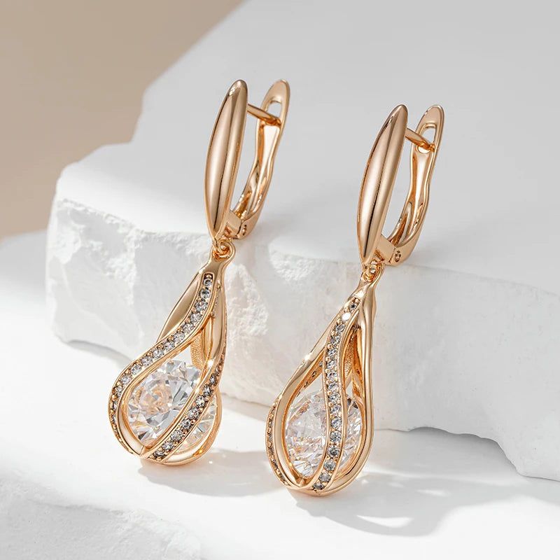 Tasteful Natural Zircon Long Dangle Earrings in 585 Rose Gold Luxury Design