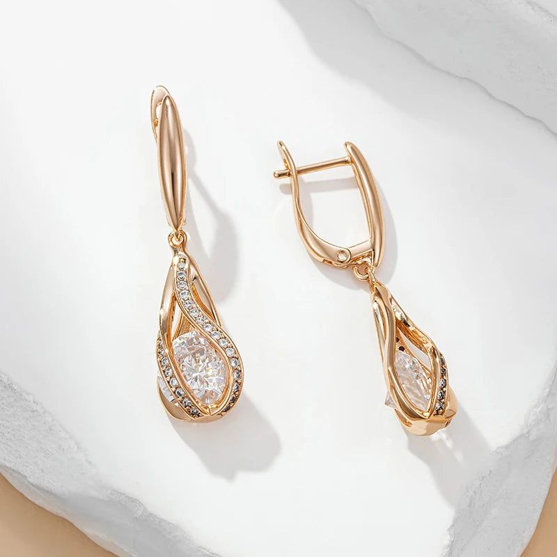 Tasteful Natural Zircon Long Dangle Earrings in 585 Rose Gold Luxury Design