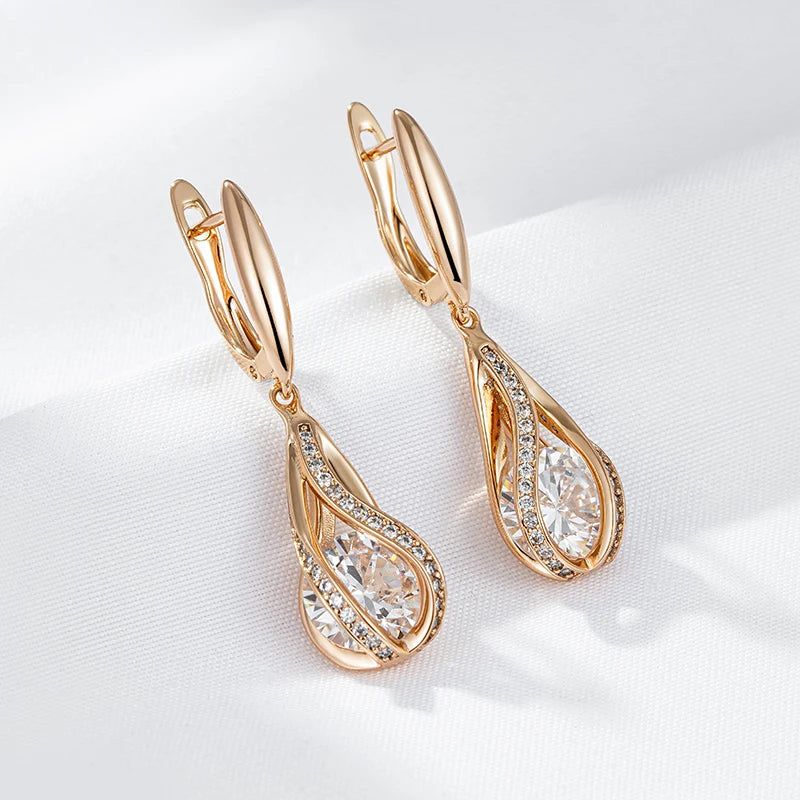 Tasteful Natural Zircon Long Dangle Earrings in 585 Rose Gold Luxury Design