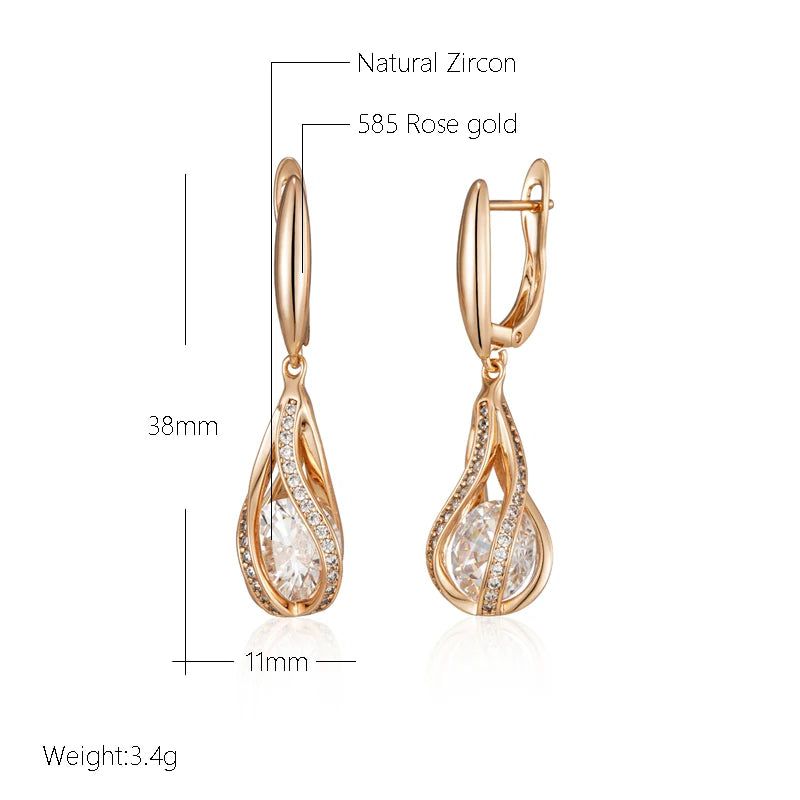 Tasteful Natural Zircon Long Dangle Earrings in 585 Rose Gold Luxury Design